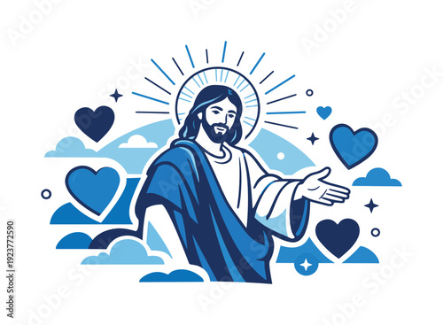 Saintly compassion. Holy figure extending a hand in blessing, soft rays and heart symbols