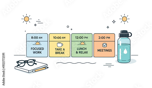 Workday pacing in hot weather. Desk scene with schedule blocks, water bottle, and subtle sun icons indicating heat. Intentional planning and