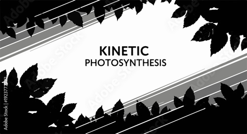 Abstract scientific illustration of kinetic photosynthesis with leaf silhouettes