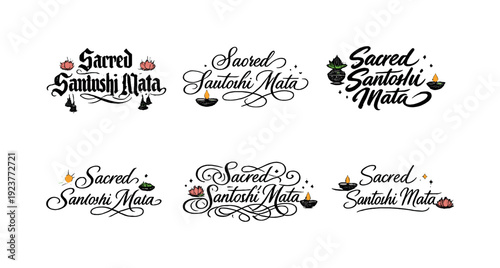 Sacred Santoshi Mata. Create a calligraphy lettering illustration of the phrase: Sacred
