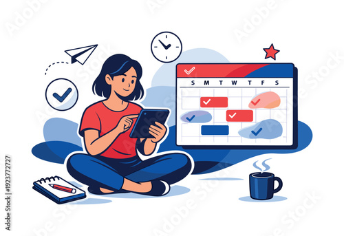 Stress-Free Planning. Personal organization. Person reviewing a calendar app calmly, completed tasks fading