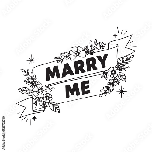 Romantic Marry Me Banner with Hand Drawn Flowers and Sparkles Line Art Illustration