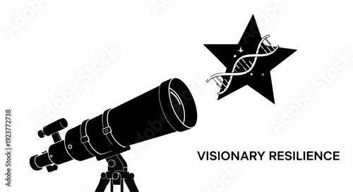 Telescope focused on a star with DNA, symbolizing scientific discovery and future possibilities.