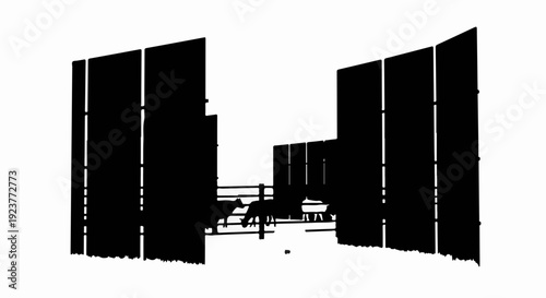 Silhouette of a horse in a stable with open doors, bathed in bright light