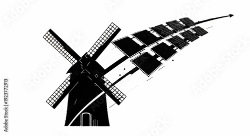 Modern windmill with solar panels symbolizing renewable energy and sustainable future