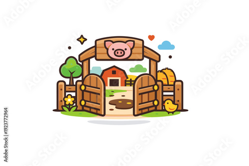 Pigsty gate welcoming barnyard atmosphere with a wooden gate symbolizing a small pigsty opening to tidy farm life and gentle rural care.
