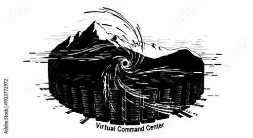 Abstract representation of a virtual command center with swirling energy and mountain backdrop