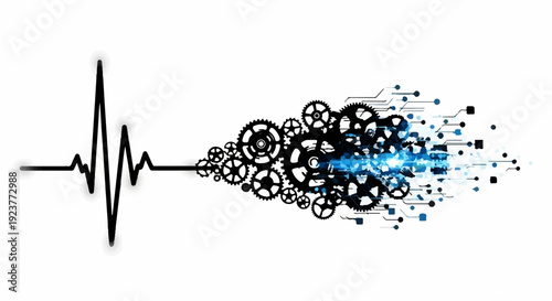 Heartbeat rhythm transforming into digital data flow and mechanical gears