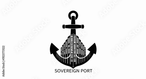 Anchor with stacked cargo containers symbolizing maritime trade and logistics.