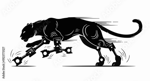 Powerful panther with mechanical legs running with speed and energy