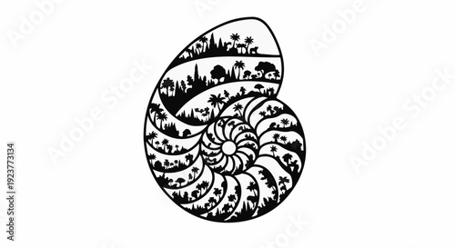 Intricate nautilus shell filled with diverse natural landscapes and city skylines.