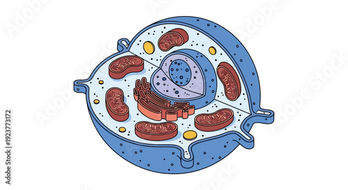 Diagram of a eukaryotic cell, illustrating its organelles and structure in a clear, simplified visual representation