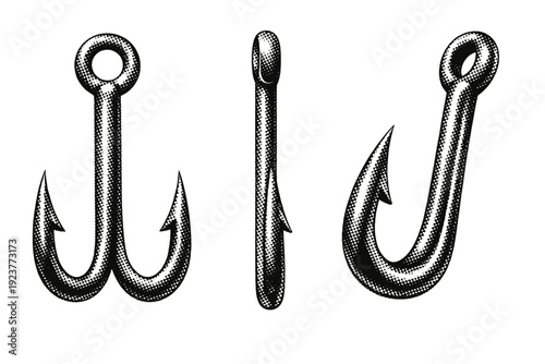 Fishing hook illustrated as one object presented in three views: front view, side view, and angled view emphasizing curvature and barb detail. Black and white