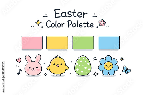 Easter spring color palettes ? Pastel Easter palette display. Soft eggshell pink, light yellow, mint green, and sky blue color swatches arranged neatly, calm