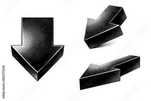 Economic crisis concept ? downward arrow block. A single heavy downward arrow block depicted in three views showing straight-on, angled, and