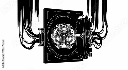 Intricate geometric cube emerges from a futuristic glowing portal with flowing energy tendrils