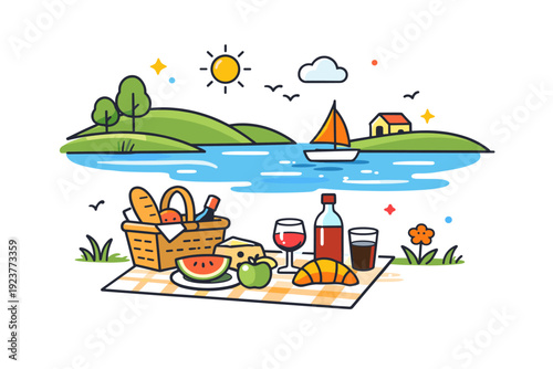 Picnic by the river peaceful countryside scene where food items and drinks are arranged near the riverbank, conveying slow living, fresh air