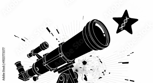 Telescope pointed towards a star with DNA helix, symbolizing scientific discovery and exploration of the universe.