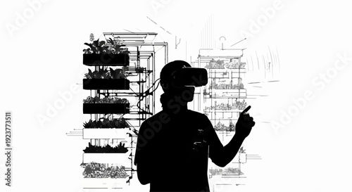 Silhouette of person using VR headset interacting with futuristic vertical farm design