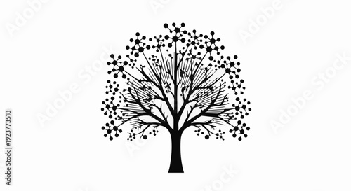 Stylized black and white tree with circular organic patterns on branches