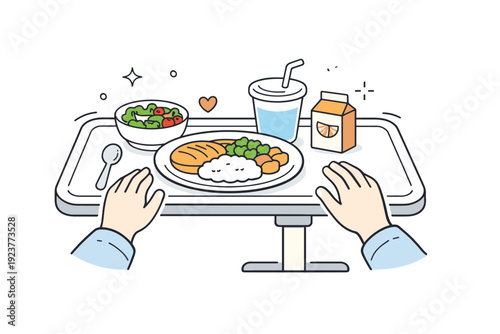 Hospital bedside meal moment. A patient?s hands reaching toward a meal tray placed on an adjustable table. Quiet everyday routine, calm
