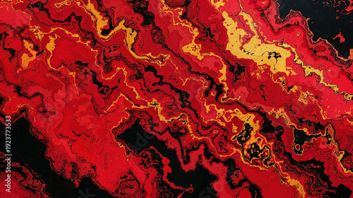 Abstract red and gold marbled texture with black flowing veins resembling molten lava spreading across a dark background.