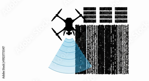 Drone scanning a complex data stream, symbolizing technology and information analysis.