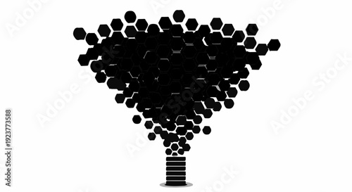 Abstract formation of black hexagons flowing upwards from a dark base.