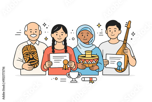 Celebrating cultural achievements. A small group presenting traditional art objects and certificates, smiling with quiet pride. Recognition,