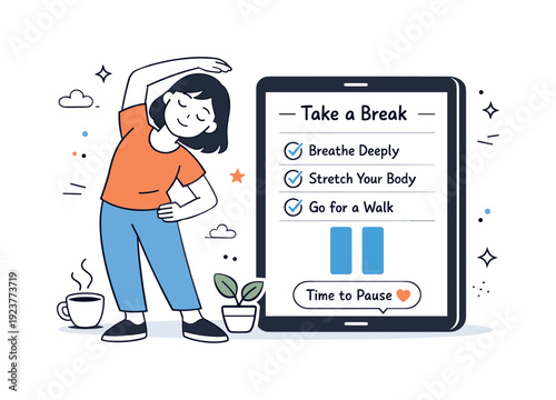 Woman stretching and taking a break with a to-do list on a tablet screen