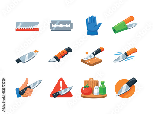 Sharpness and safety. Colorful flat vector icons set of Sharpness and safety: serrated edge,