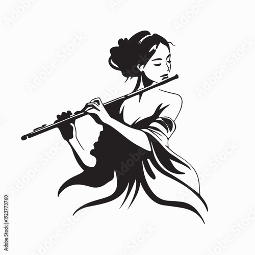 Woman Playing Flute Musical Performance Vector Character On White Background