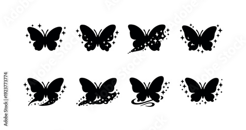 Butterflies made of light. Filled icon set of Butterflies made of light: glowing butterfly,