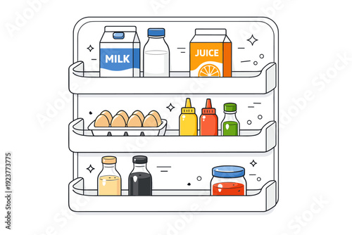Organized Fridge Essentials. Fridge door shelves detail. Close view of refrigerator door compartments with milk, juice, eggs, and sauces arranged neatly.