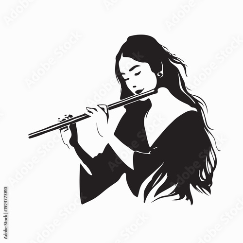 Graceful Female Musician Playing Flute Vector Design On White Background