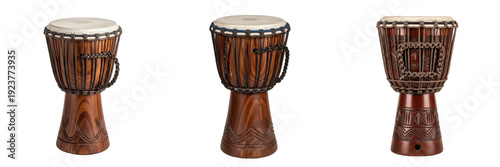 Title: Traditional African Djembe Drum Set: Hand-Carved Wooden Percussion PNG Collection