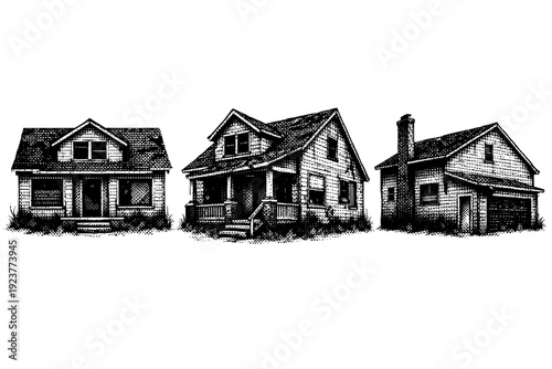Abandoned house suburban family home. A neglected suburban house with pitched roof, cracked walls, boarded windows, and