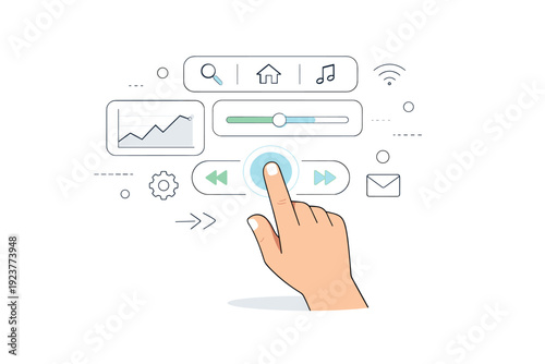 Gesture-based navigation UI. A calm interface scene with a hand pointing or tapping the air, activating a floating digital control panel. The