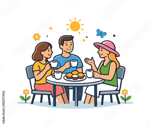 Spring outdoor brunch friendly gathering around a small table with coffee cups and pastries, expressing togetherness, freshness, and spring