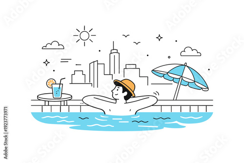 Chilling in rooftop pools. Person relaxing in a rooftop pool with city skyline hinted in the background. Calm leisure and refreshing escape