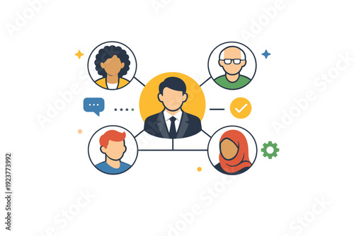 Diversity in leadership portraying modern organizations where leadership reflects society as a whole. A compact concept scene with a leader