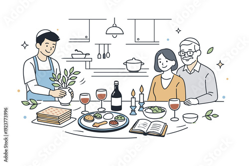 Joyful final touches. Kitchen glowing with calm light, tableware and matzo in place, people smiling in quiet satisfaction. Completion, readiness, symbolic