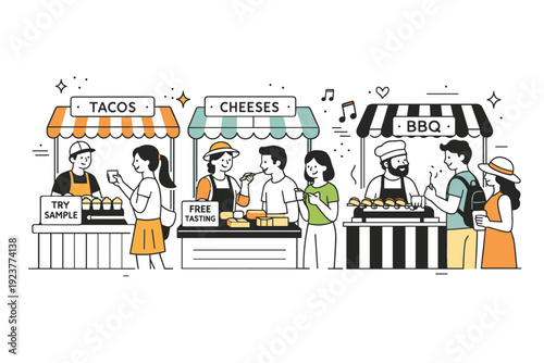Food festival local vendors. A warm editorial scene with small food stalls, tasting samples, and friendly interaction between vendors and visitors. The mood