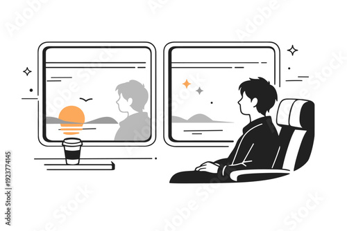 Train windows reflections. End-of-day train ride with low sunlight creating soft reflections on glass, a person sitting quietly nearby. The