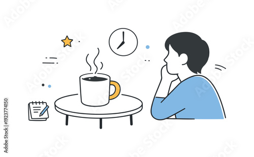 Start of day ambiguity. Mug of tea or coffee untouched on a small table, steam rising, while the person gazes out of frame. Still undecided