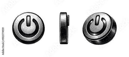 Power button symbol in three different perspectives, rendered in a vintage halftone style