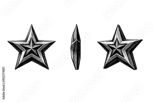 Dotted star emblem A star-shaped emblem with layered depth depicted in front view, side view, and three-quarter view as a single object set. Black and white