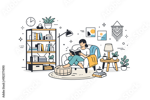 Creative interior space. A reading corner combining industrial shelves, soft textiles, and artistic decorations. Relaxed atmosphere shaped by