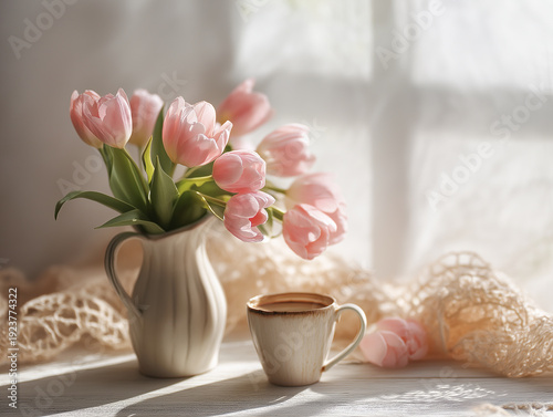 Kartka na międzynarodowy dzień kobiet. Kolorowy bukiet tulipanów i kawa  © Paweł Ziółkowski