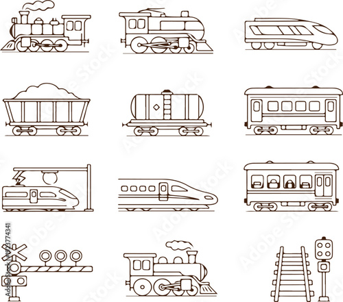 Various trains and railway elements in a line art style